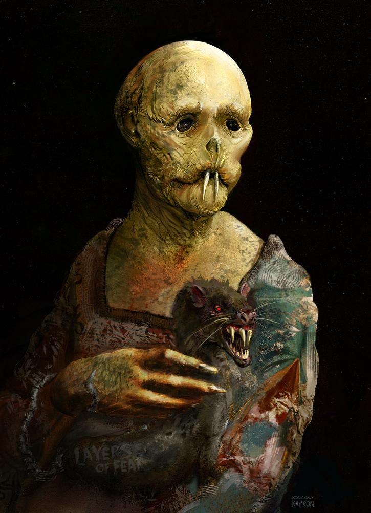 An artistic portrait of the Rat Queen, who appears very Nosferatu-like in description: she's bald, with no real nose and beady eyes, and two large fangs for a mouth. She is seated in an old fashioned dress with a hissing ferret on her lap.