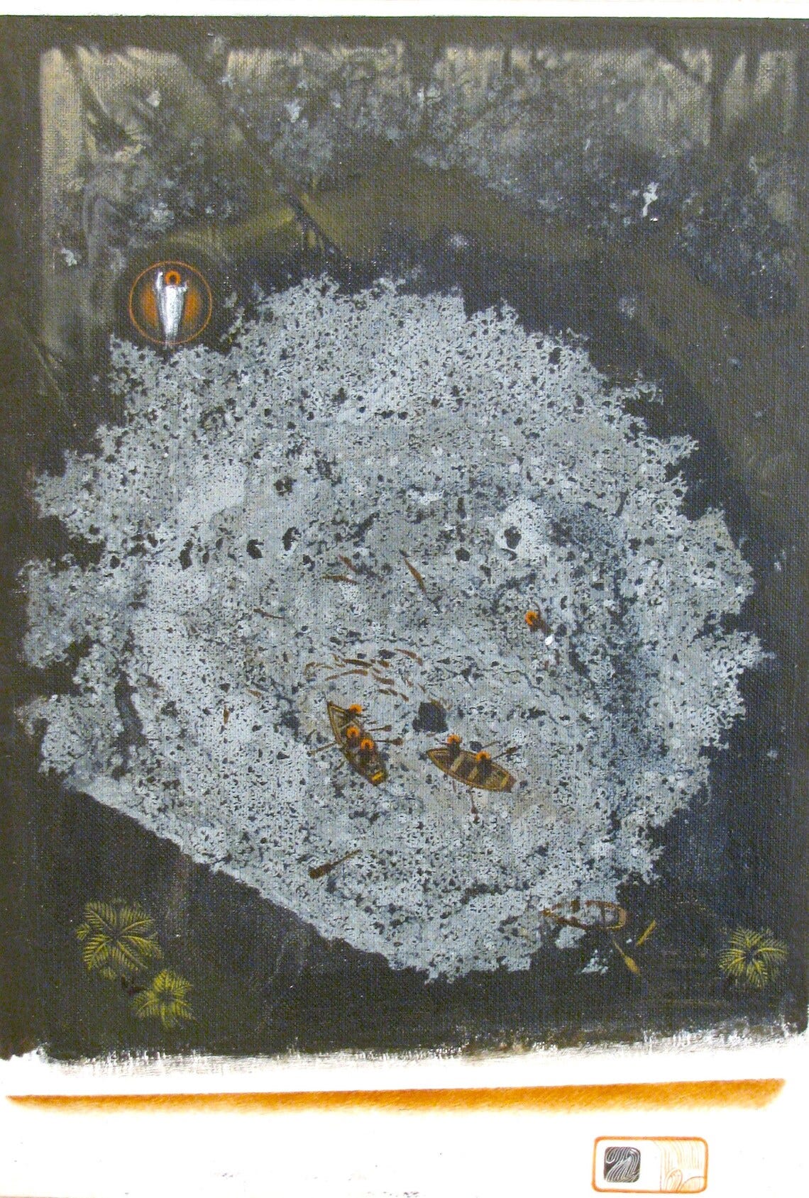 May include: A painting of a dark gray background with a white and gray textured circle in the center. There are small orange and yellow shapes scattered around the circle. The circle appears to be a cloud or a mass of bubbles. There is a small orange circle in the upper left corner of the painting. The painting has a brown and orange border at the bottom.