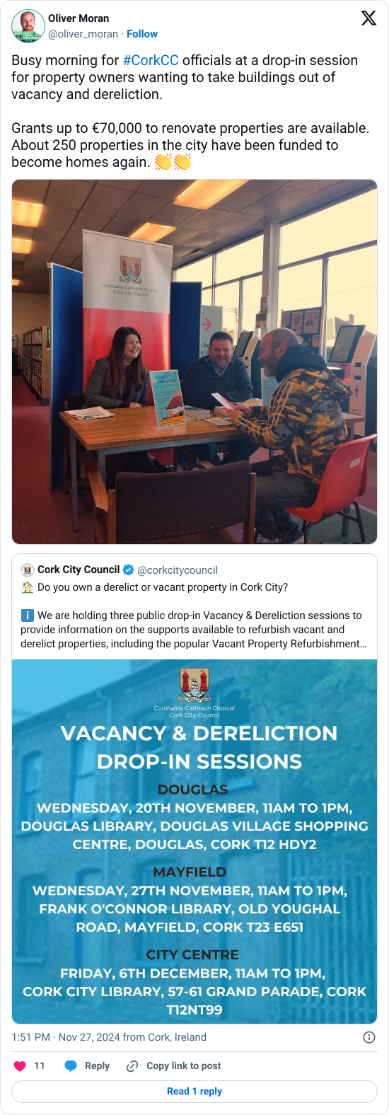 Tweet with the text, "Busy morning for #CorkCC officials at a drop-in session for property owners wanting to take buildings out of vacancy and dereliction. Grants up to €70,000 to renovate properties are available. About 250 properties in the city have been funded to become homes again. 👏👏"