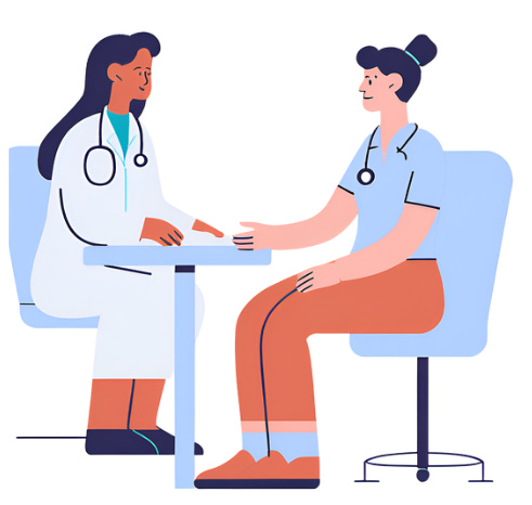 A woman doctor consulting another healthcare worker about her MS fatigue.  Doctor has a white coat and stethoscope around her neck, patient is wearing a blue jacket and has her hair in a bun