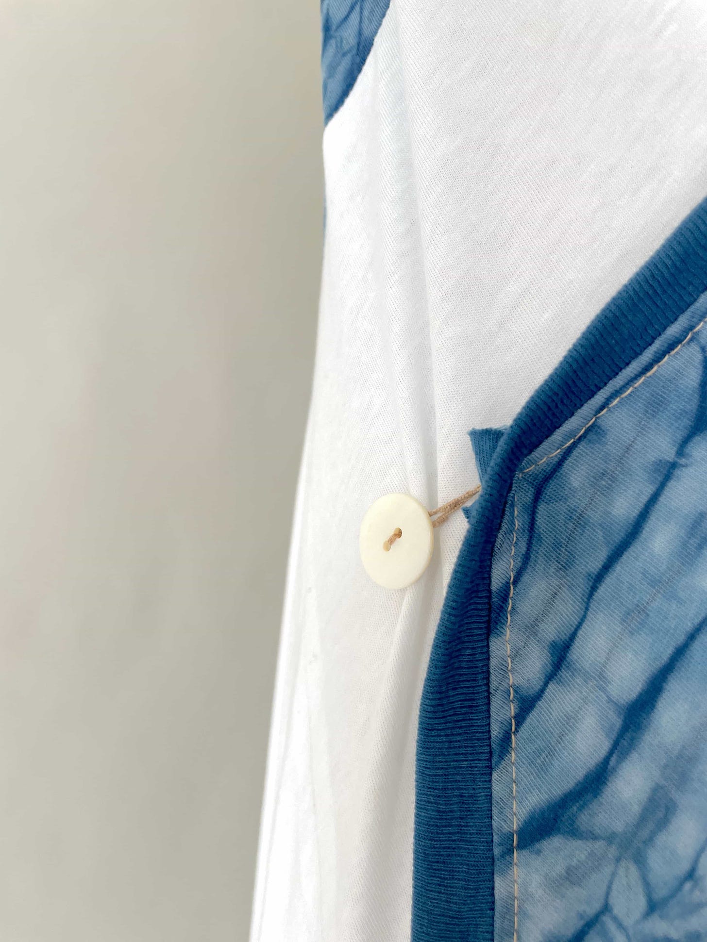 Close-up of a button and a loophole of the 14.5-Square Wrap Dress.