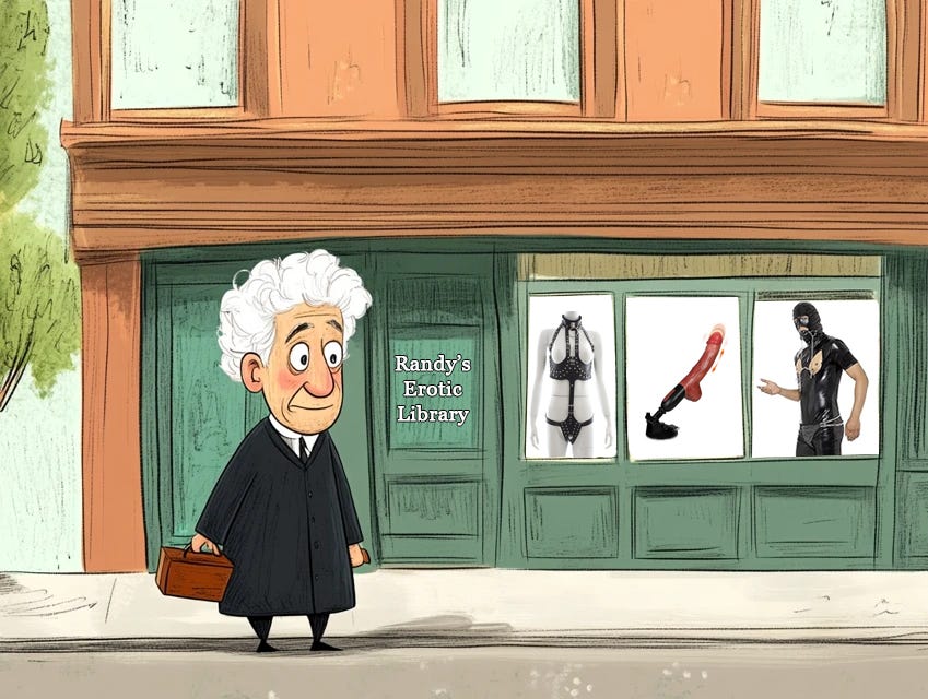 Neil Gorsuch enters a shop called "Randy's Erotic Library"