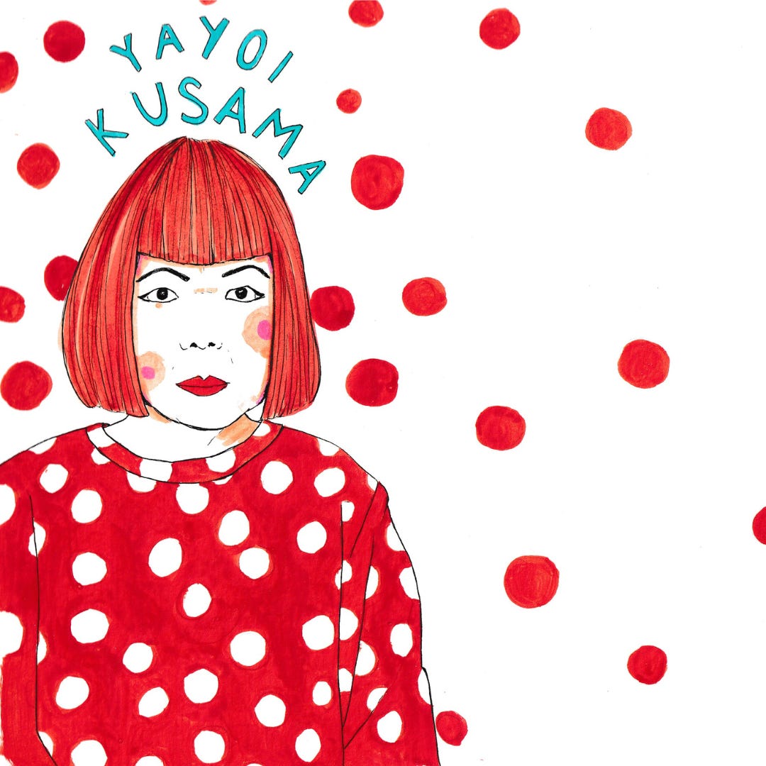 Ilustración analógica de Verónica Maraver donde puede verse a Yayoi Kusama mirando fijamente.