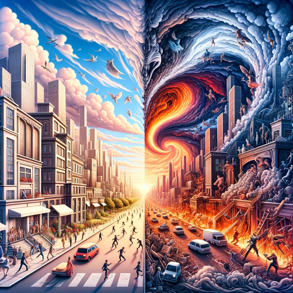 A vivid representation of the concepts of order and chaos. On one side, 'Order' is depicted as a serene, well-organized cityscape, with symmetrical buildings, orderly streets, and calm inhabitants going about their daily routines under a clear sky. On the other side, 'Chaos' bursts into the scene with a disordered, dystopian landscape: twisted structures, haphazardly placed objects, and frantic individuals in a stormy environment. The middle ground shows a dynamic clash between these two contrasting worlds, highlighting the tension and interaction between order and chaos.
