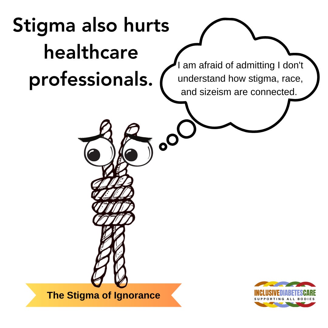 Image of a knot with the words: Stigma also hurts healthcare professionals. The knot is thinking "I am afraid to admit I don't know how stigma is tied to racial, economic or health."