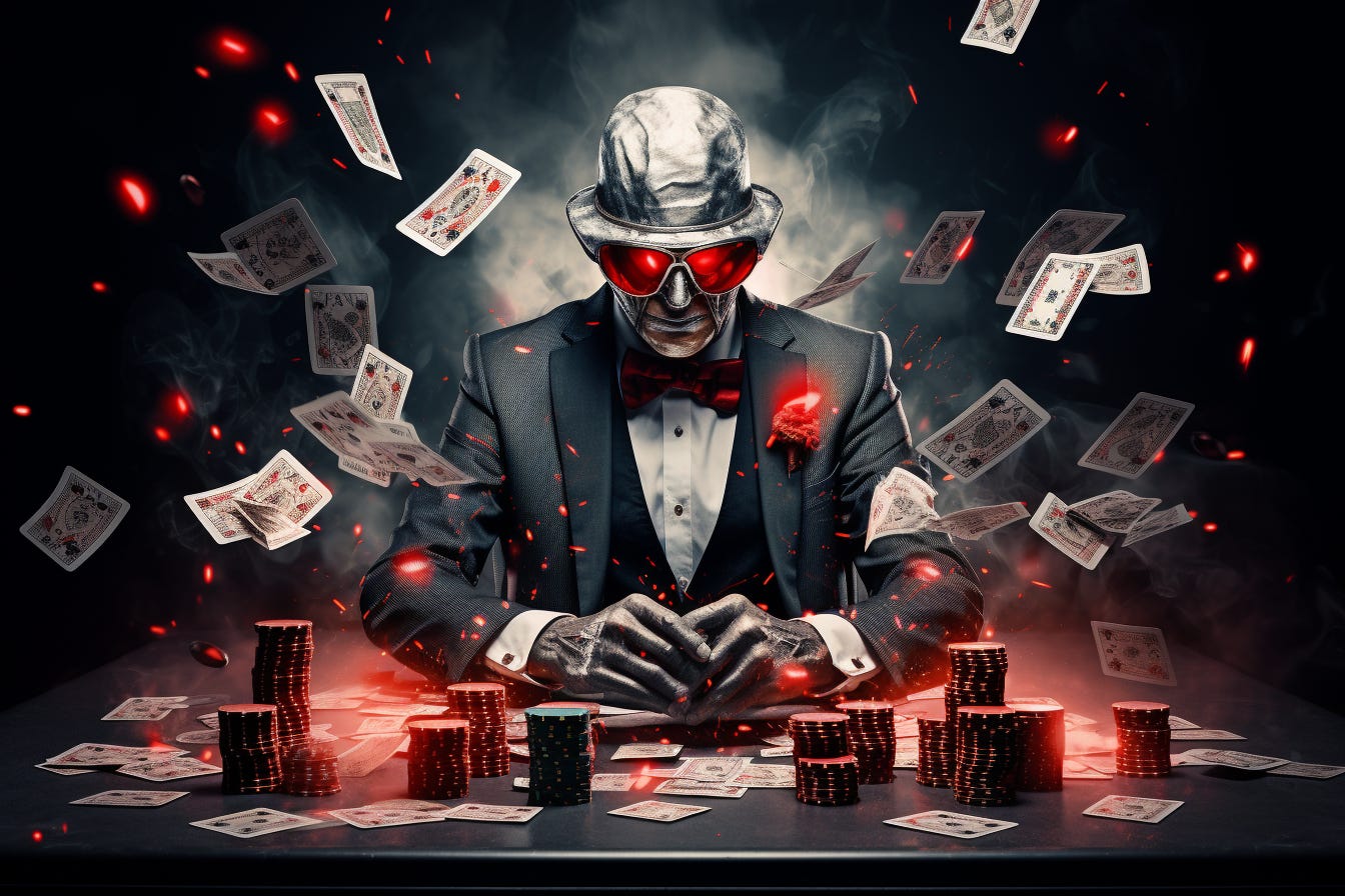 Man with red shiny glasses and silver hat playing poker with lots of cards flying around like confetti