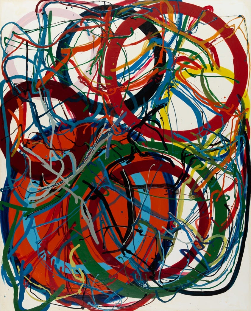 An image of the painting "Untitled" by Tanaka Atsuko. It is a light beige canvas with boldly colored, big circles layered under more colorful squigly lines. The feeling is order behind chaos.