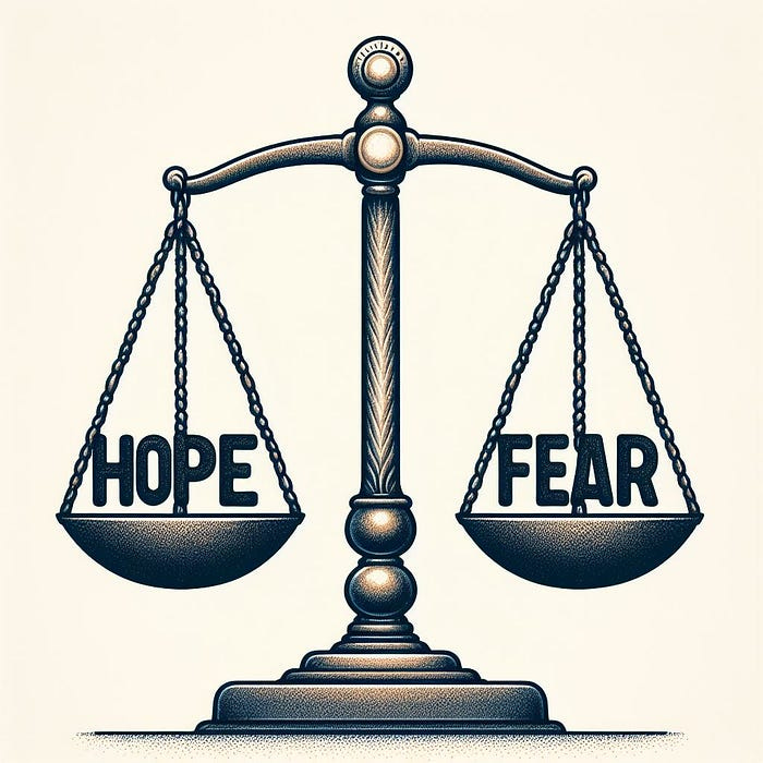 An illustration of a scale with the word “Hope” on one end the word “Fear” on the other side