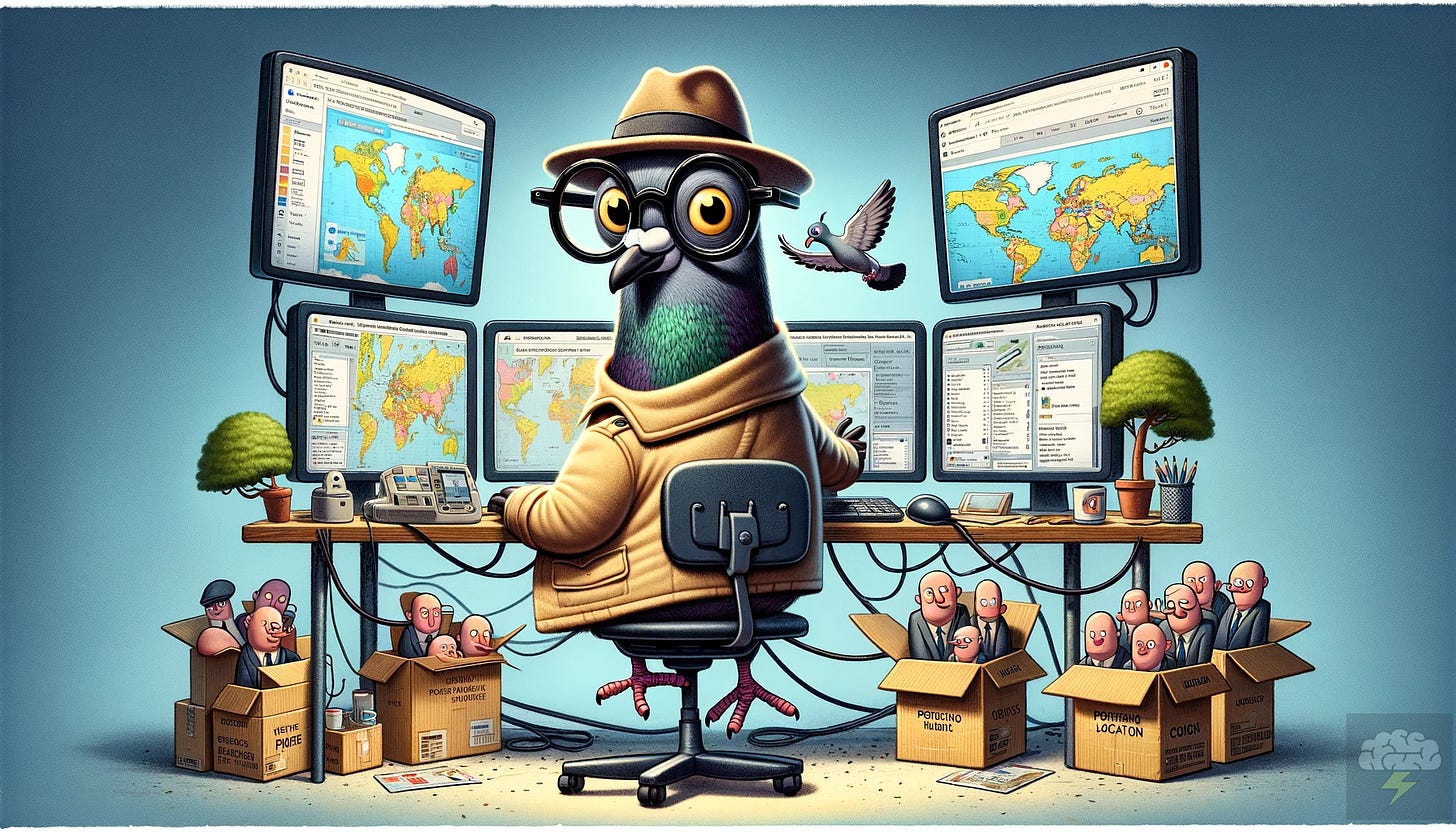 A playful and satirical illustration featuring a cartoon pigeon dressed as a detective with a fedora and oversized glasses, perched at a computer desk with multiple screens displaying world maps and photographs. The pigeon has a wing extended in a pointing gesture, confidently identifying locations on the screen, looking smug and self-satisfied. In the background, cartoon caricatures of people comically attempt to hide behind flimsy cardboard cutouts of trees and buildings, obviously failing to conceal themselves. Boxes labeled 'Private Pigeon Pack' suggest that these efforts at privacy are being easily unpacked by the detective pigeon. The tone of the image is humorous and lighthearted, yet it subtly critiques the ease with which online privacy can be compromised in the age of advanced AI.
