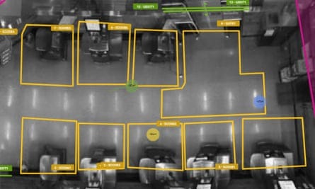 A surveillance picture from above of a self-service area with yellow boxes around each checkout