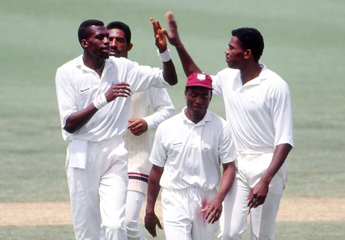 Curtly Ambrose, Phil Simmons, Brian Lara and Ian Bishop celebrate a wicket  | ESPNcricinfo.com