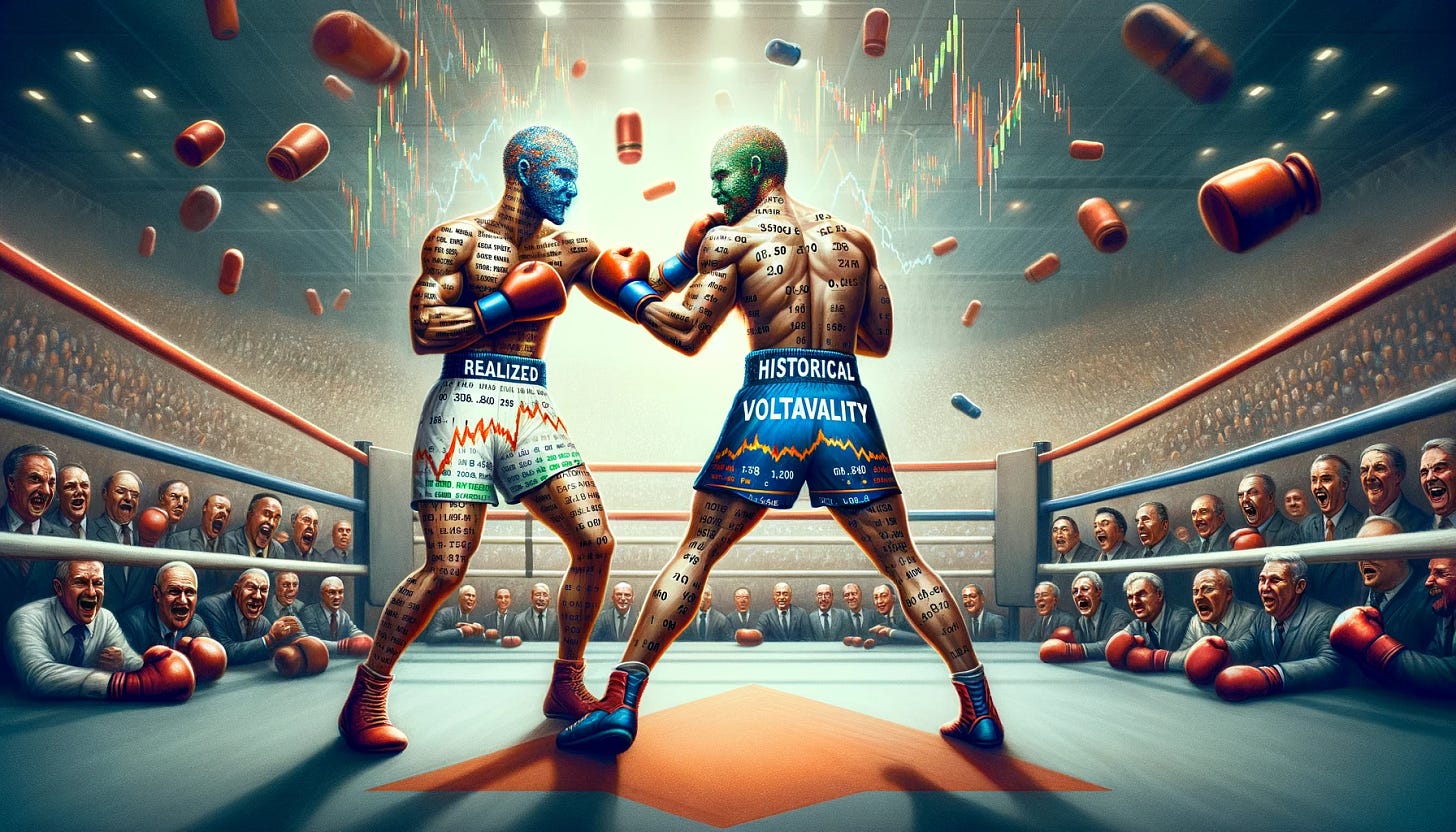 An artistic representation of a boxing match with a metaphorical theme. The scene is set in a boxing ring with a large, enthusiastic crowd in the background. Two muscular boxers are in the center of the ring, engaged in an intense bout. One boxer is labeled 'Realized Volatility' and is wearing shorts with a pattern of fluctuating graphs and stock market symbols. The other boxer, labeled 'Historical Volatility', is wearing shorts adorned with historical charts and fading numbers. Both are trading powerful punches, symbolizing the struggle between different volatility concepts in options trading. The scene is charged with energy, emphasizing the dynamic nature of financial markets.