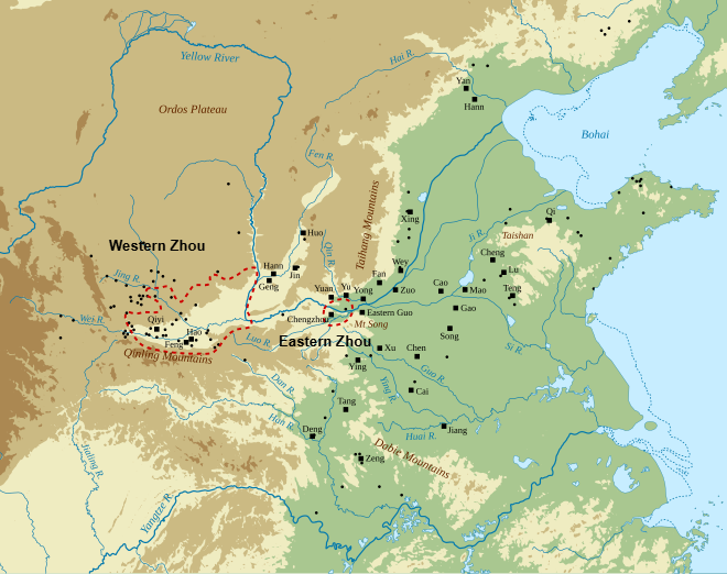 Relief map of the north China plain, with scattered sites and dashed outline around the lower Wei valley and eastern settlement of Luoyi