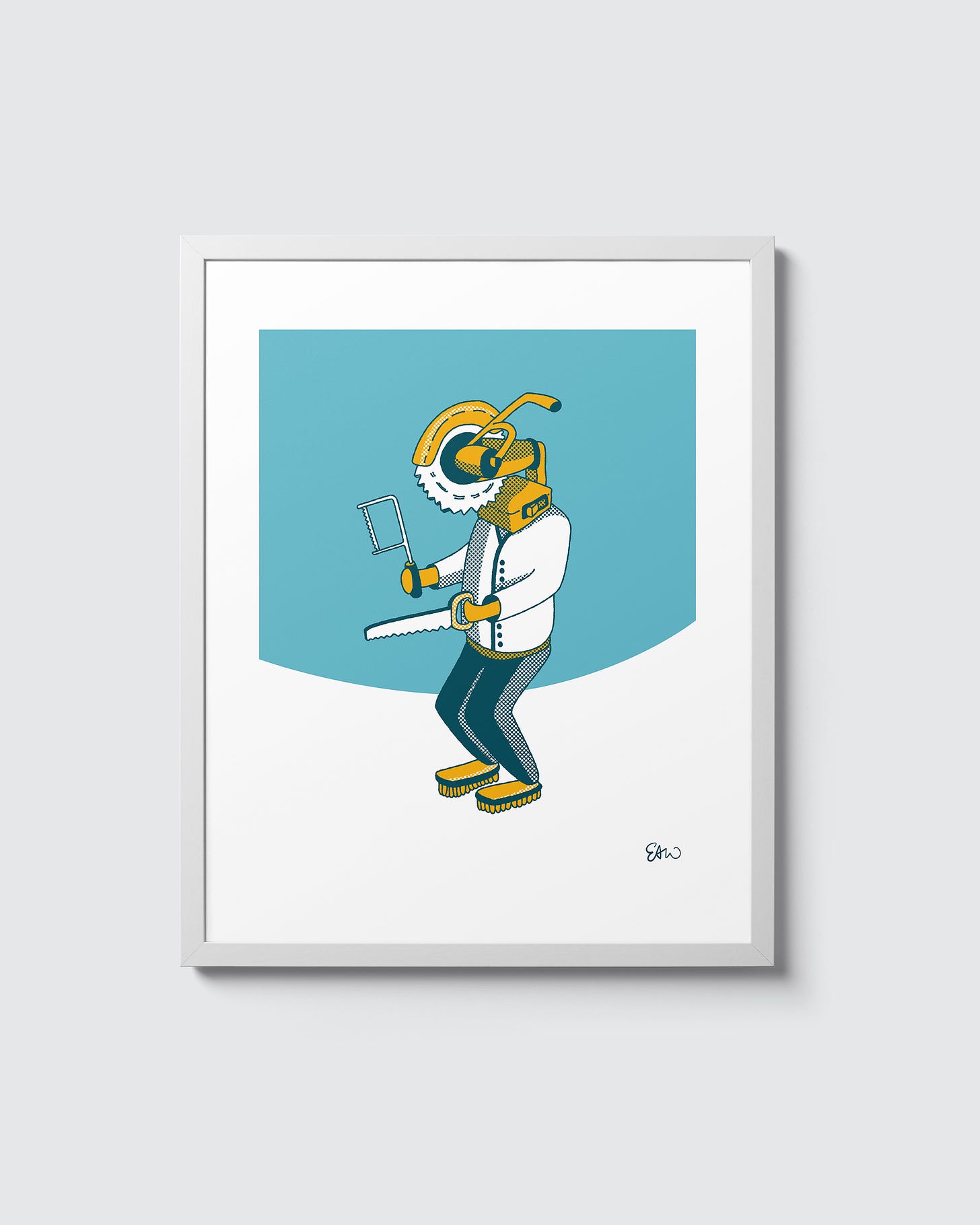 Vector illustration of a human figure with a circular saw instead of a head. The character is also holding a traditional hand in one hand and a hack saw in the other. The drawing respects a limited palette of yellow and teal colours with halftones for shading. 