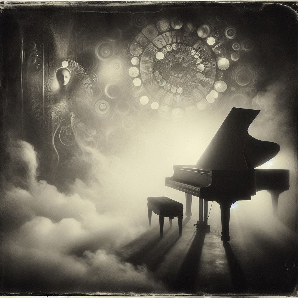 AI generated sepia toned photographic image of a mysterious piano