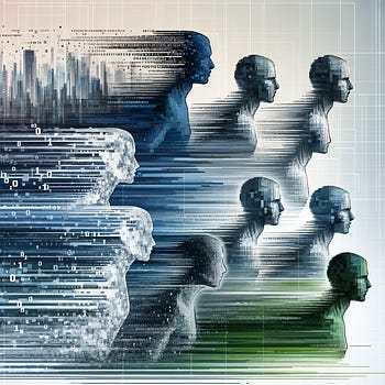An image that shows a series of human silhouettes seamlessly transitioning into lines of digital code (like binary code or a stylized representation of a programming language)