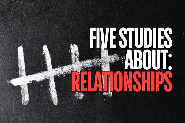 "Five Studies About: Relationships" appears in the foreground. The background is a blackboard with five thick tally marks written in chalk.