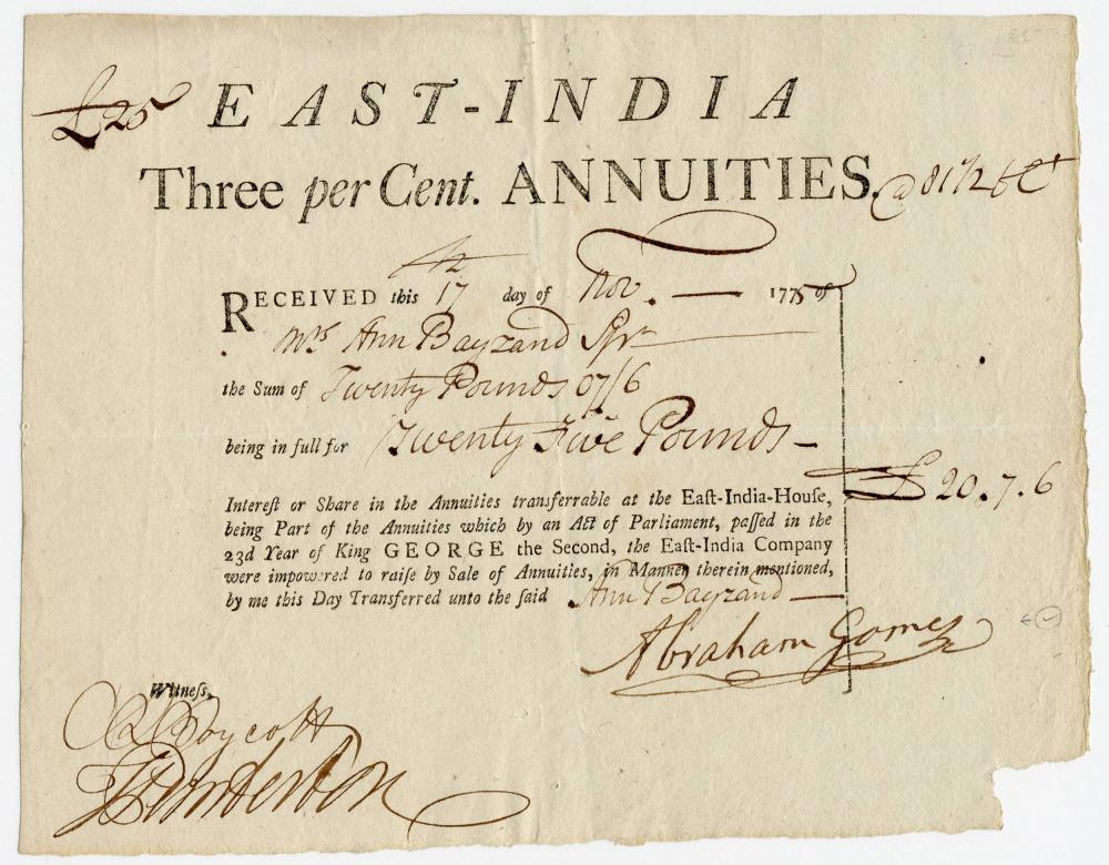 Lot - British East India Company Stock Purchased by Female Investor in 1775