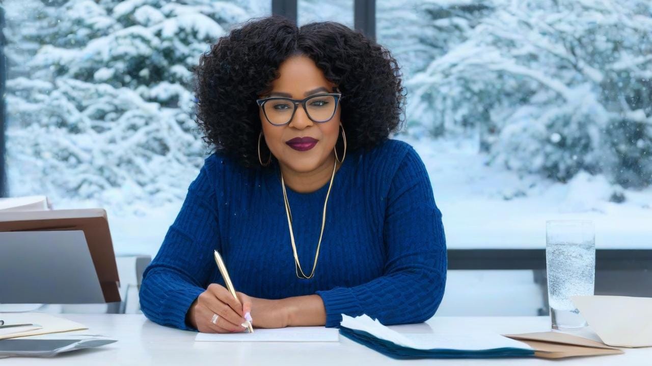 Black Woman wearing glasses life Coaching sitting sitting in office with water on the table with writing a letter with snow outside