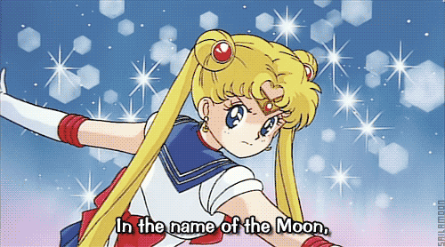 A gif from Sailor Moon iconic scene and pose: In the name of the moon, I shall punish you!
