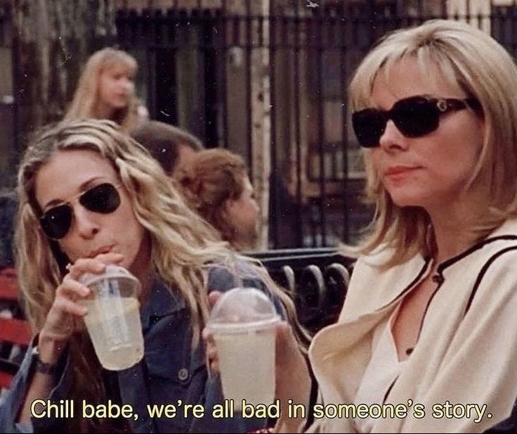 This may contain: two women sitting next to each other with drinks in their hands and the words chill babe, we're all bad in someone's story