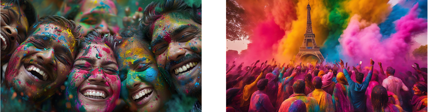 The images beautifully capture the exuberance and colorfulness of Holi, the Indian festival of colors. In the first image, a close-up shot of a group of friends shows their faces covered in a vivid array of powdered colors, their expressions brimming with laughter and joy. The second image shows a large crowd celebrating Holi in front of a famous international landmark, the Eiffel Tower, with the sky filled with a burst of colorful powders, reflecting the global spread and enjoyment of this traditionally Indian festival. Together, these images represent the universal joy and community spirit that Holi brings, transcending geographical boundaries.