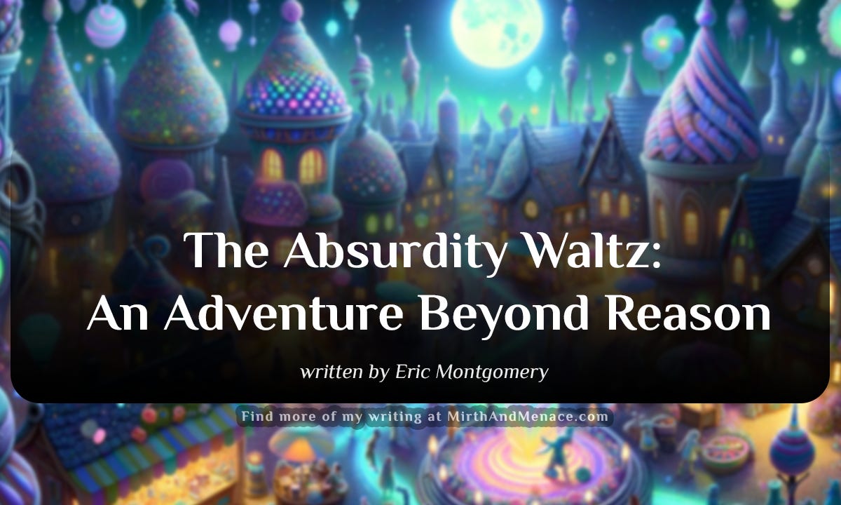 An Ai generated image that depicts A whimsical village under an opal moon, with teacup houses, bioluminescent trees, and a night market of wonders. Used for cover art on the short story, "The Absurdity Waltz: An Adventure Beyond Reason" written by Eric Montgomery on MirthAndMenace.com