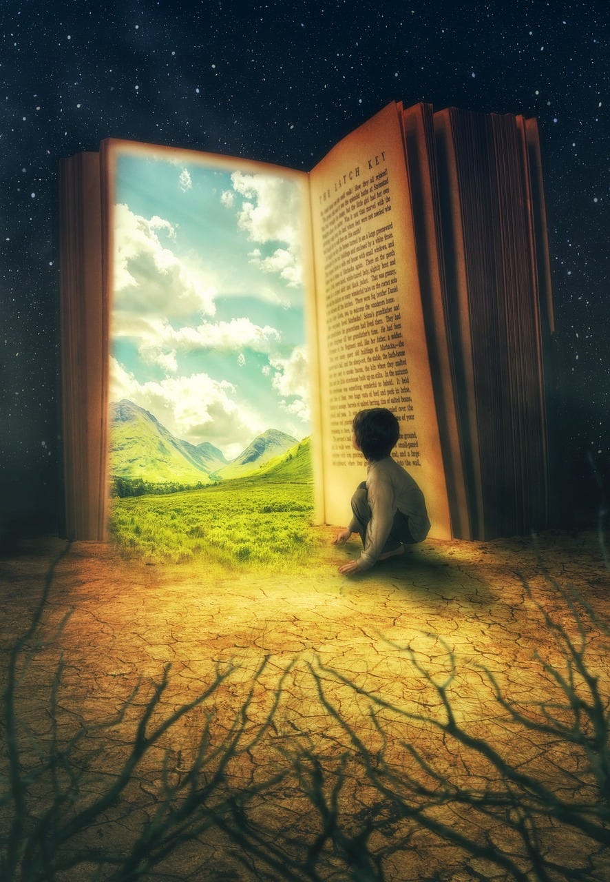 illustration of child looking thru an oversized book that opens like a door on a different reality -- one of blue skies and green mountains.