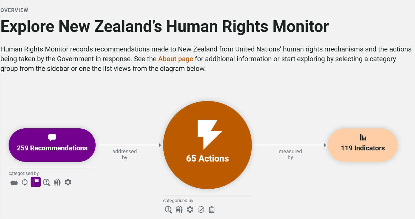 screenshot of human rights monitor showing 259 recommendations, 65 actions, and 119 indicators