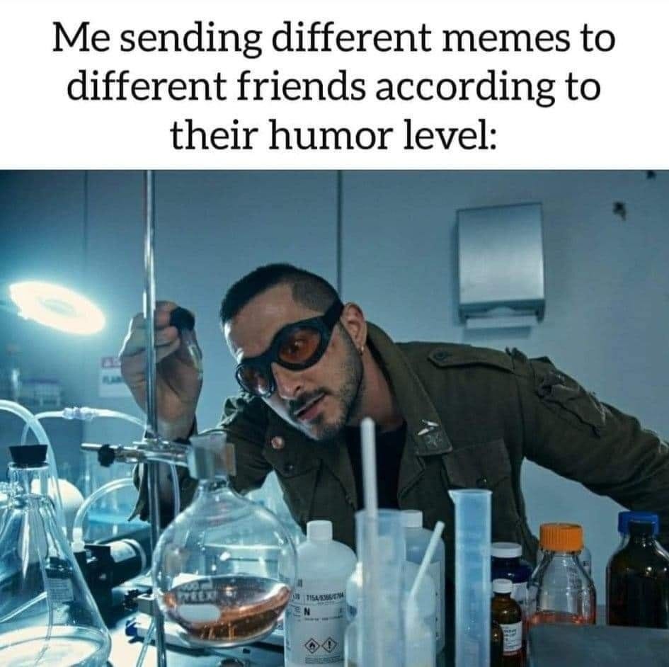 May be an image of 2 people and text that says 'Me sending different memes to different friends according to their humor level:'