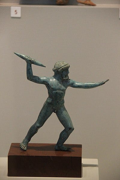 Greek Bronze Statuette of Zeus Casting Thunderbolt, from Sanctuary of Zeus at Dodona, c. 470 BC