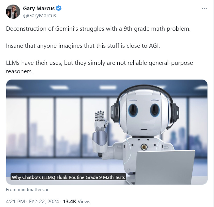 @GaryMarcus Deconstruction of Gemini’s struggles with a 9th grade math problem.    Insane that anyone imagines that this stuff is close to AGI.  LLMs have their uses, but they simply are not reliable general-purpose reasoners.
