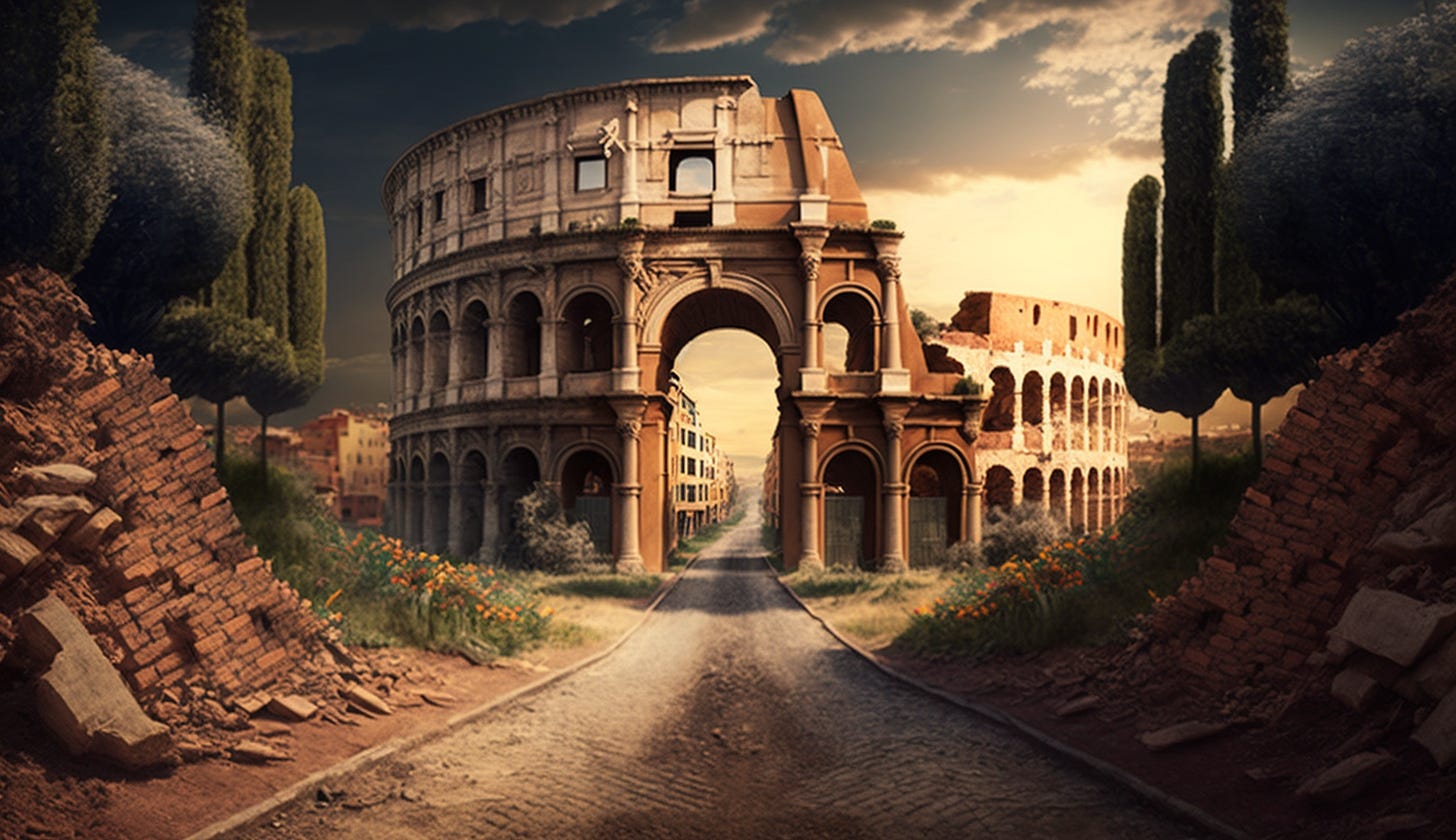 Midjourney prompt: all roads lead to rome gloriouscore
