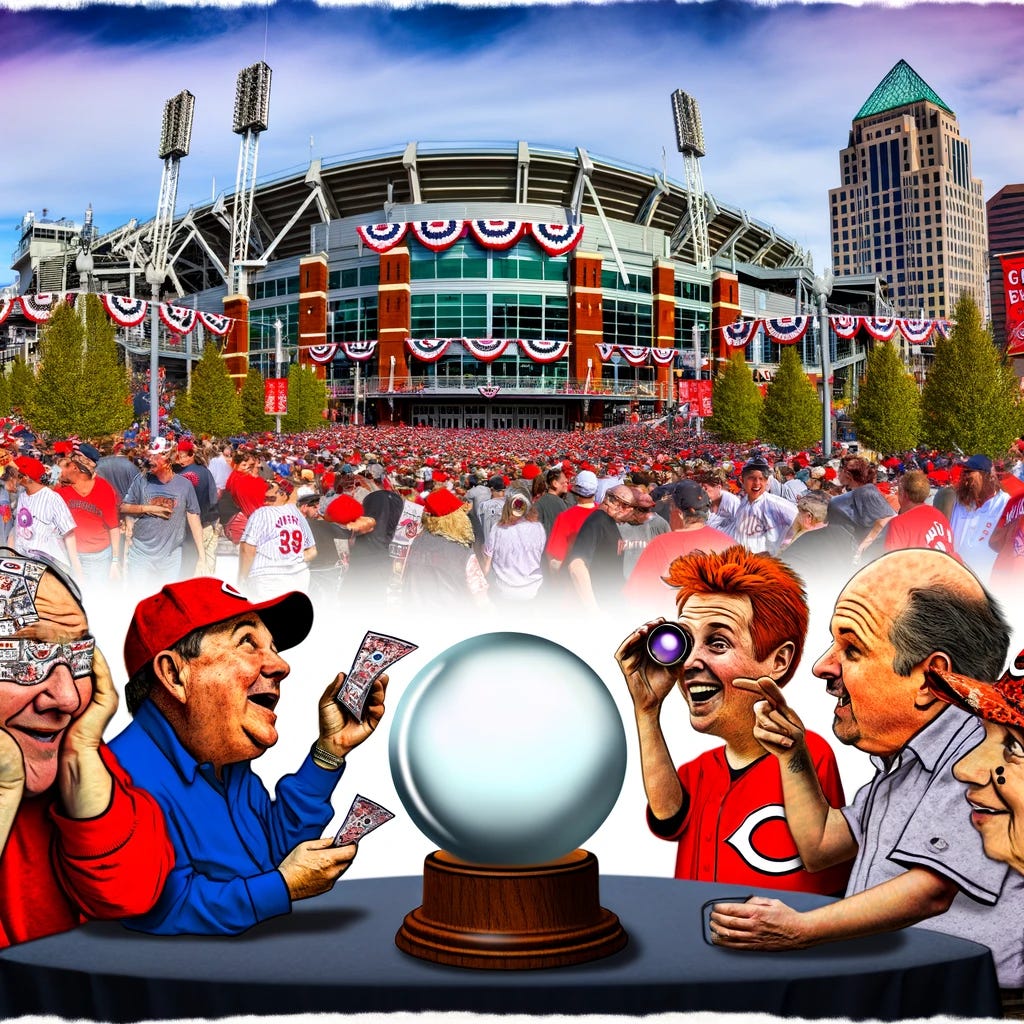A bustling scene of Cincinnati on opening day of the baseball season, capturing the excitement and anticipation in the air. The image showcases a vibrant crowd of fans wearing Cincinnati team colors, flooding the streets and gathering around the ballpark. In the foreground, a group of enthusiasts is animatedly discussing their predictions for the upcoming season, with one person holding a crystal ball as a metaphor for foreseeing the future outcomes of the games. Behind them, the iconic ballpark entrance looms, decorated with banners and flags celebrating the start of a new season, symbolizing hope and renewal.