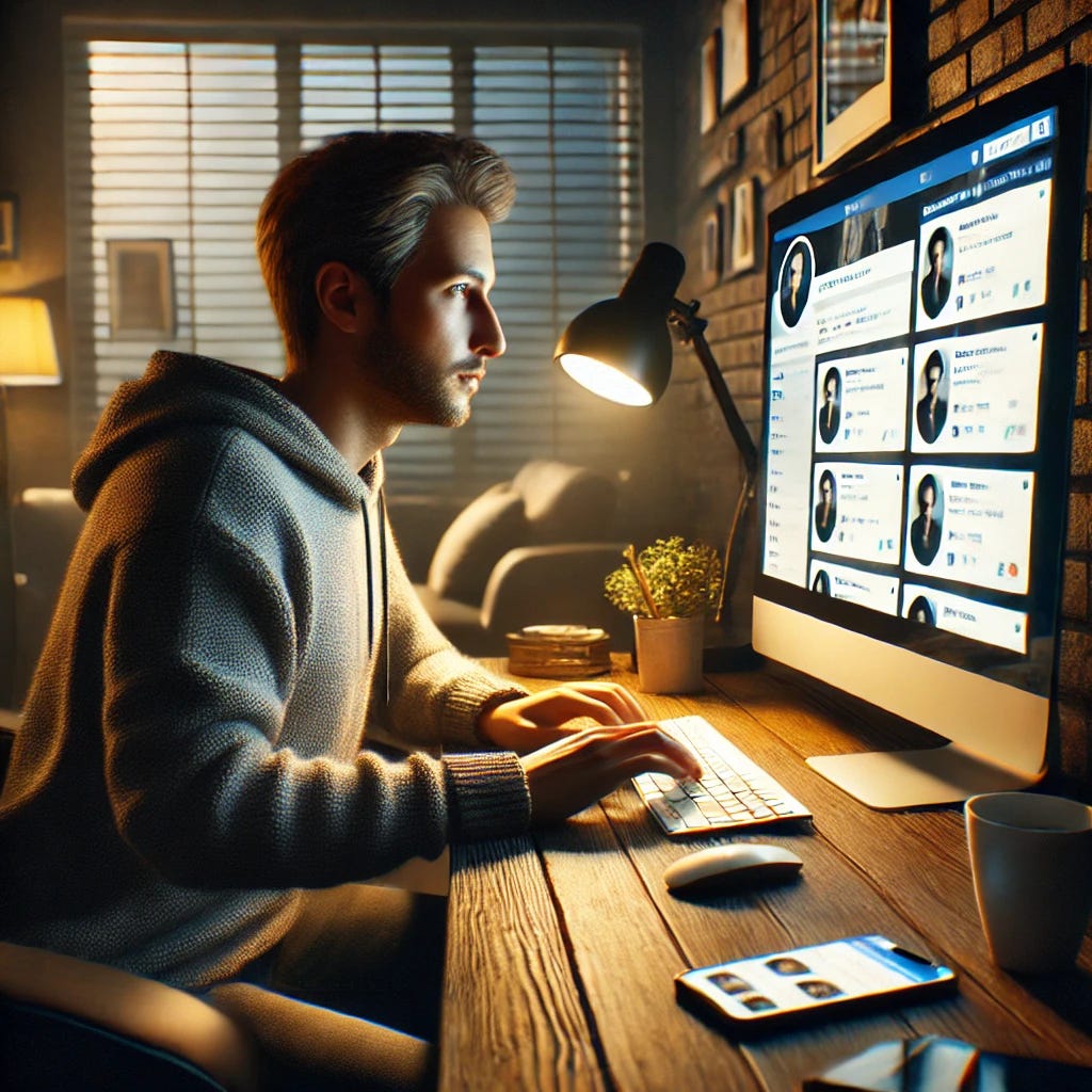 A hyper-realistic image showing a person sitting in a cozy, dimly lit room at a computer, with social media profiles open on the screen. They appear focused, possibly scrolling through messages or pictures with a subtle, curious expression. The room has a modern, realistic feel with a smartphone and a coffee cup on the desk. There are shadows and reflections to add depth, making it look lifelike and immersive. The scene should suggest subtle curiosity rather than intense spying, capturing a private, introspective moment.