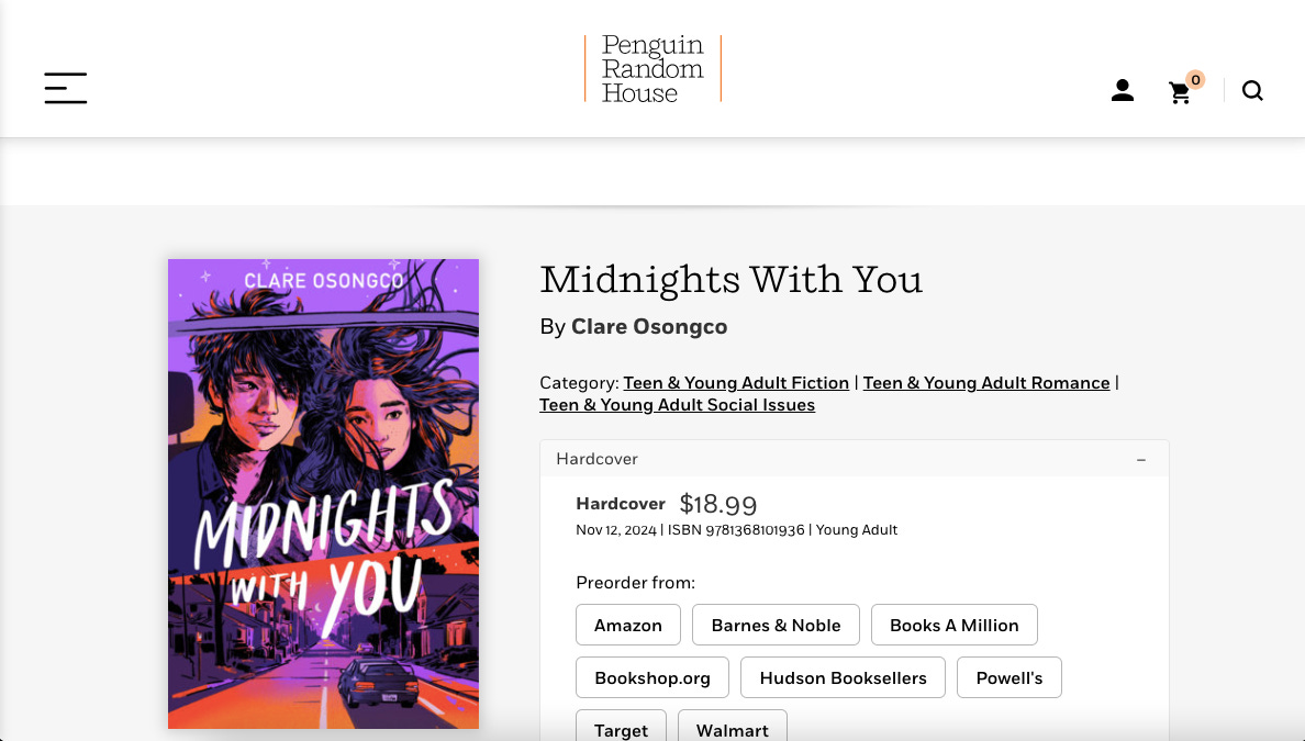 A screenshot of the Penguin Random House website's page for Midnights With You, with links to preorder from major retailers