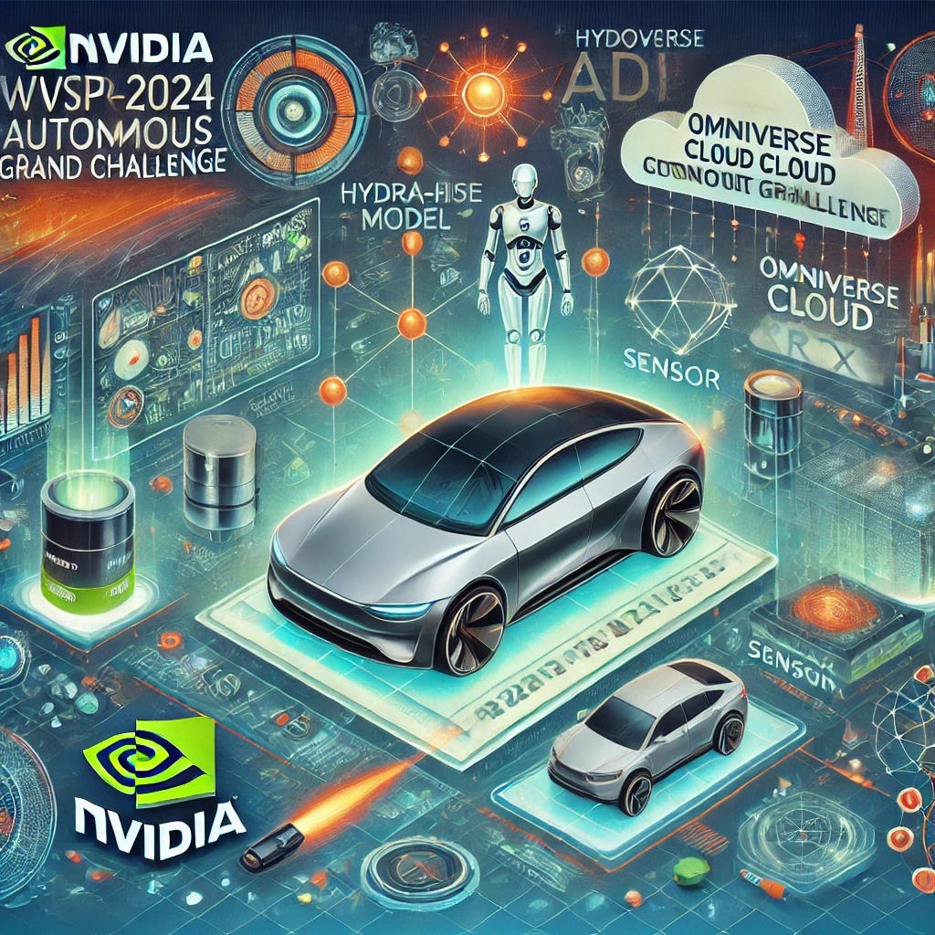 A graphic image for a blog highlighting NVIDIA's win at the CVPR 2024 Autonomous Grand Challenge. The image should depict elements of autonomous driving technology, AI integration, and sensor simulation. Incorporate NVIDIA's Hydra-MDP model and the Omniverse Cloud Sensor RTX. Use a futuristic and high-tech visual style with elements such as self-driving cars, digital AI representations, and sensor grids. Include text: 'NVIDIA Wins CVPR 2024 Autonomous Grand Challenge' and 'Hydra-MDP Model and Omniverse Cloud Sensor RTX'.