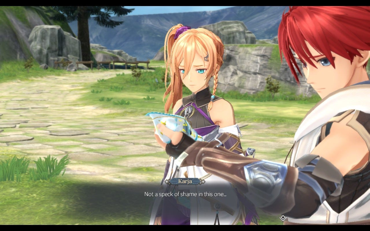 A screenshot from Ys X: Nordics, featuring Karja saying, "Not a speck of shame in this one..." while she and Adol both look at other characters who are off screen at the moment.