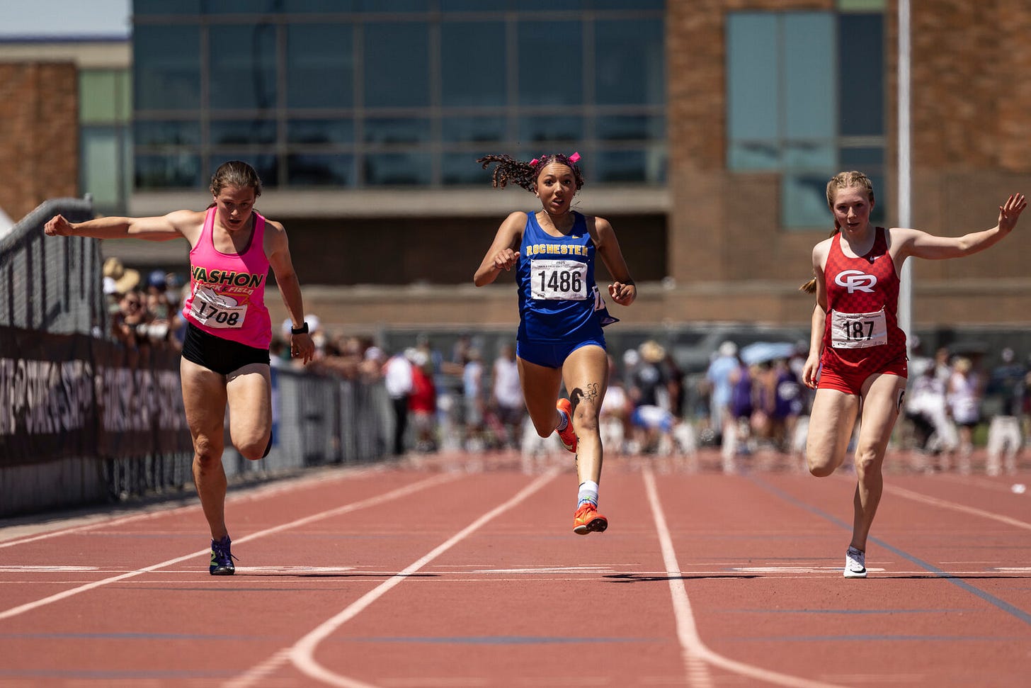 Rochester’s Merecedies Dupont runs in the 1A girls 100-meter dash during the final day of the 1B/2B/1A State Track and Field Championships at Zaepfel Stadium in Yakima on Saturday, May 31. Rochester’s Merecedies Dupont runs in the 1A girls 100-meter dash during the final day of the 1B/2B/1A State Track and Field Championships at Zaepfel Stadium in Yakima on Saturday, May 31.