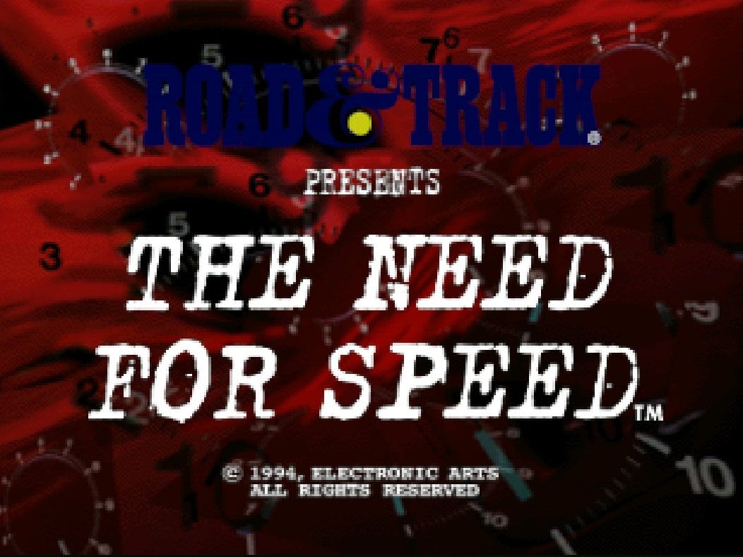 A screenshot of the title screen for The Need for Speed, the full name of which, displayed here, is "Road & Track Presents: The Need for Speed." Vehicle gauges are all over the background, zoomed in to different degrees and overlayed, and it's all blacks and reds.