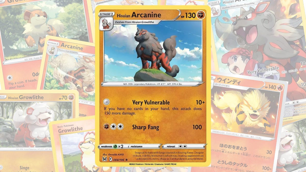 Various Pokémon cards with Hisuian Arcanine at the focal point. The Pokémon is a large, deep grey and red dog.