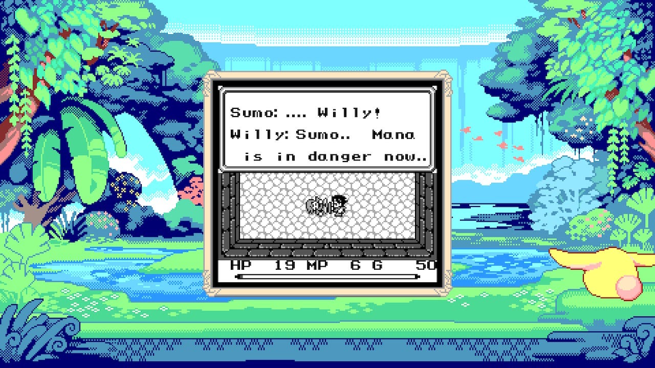 A screenshot from the Collection of Mana version of the game, featuring your dying friend, Willy, laying on the floor speaking to you. The dialogue box says, "Sumo: ... Willy!" and then Willy responds with "Sumo.. Mana is in danger now.."