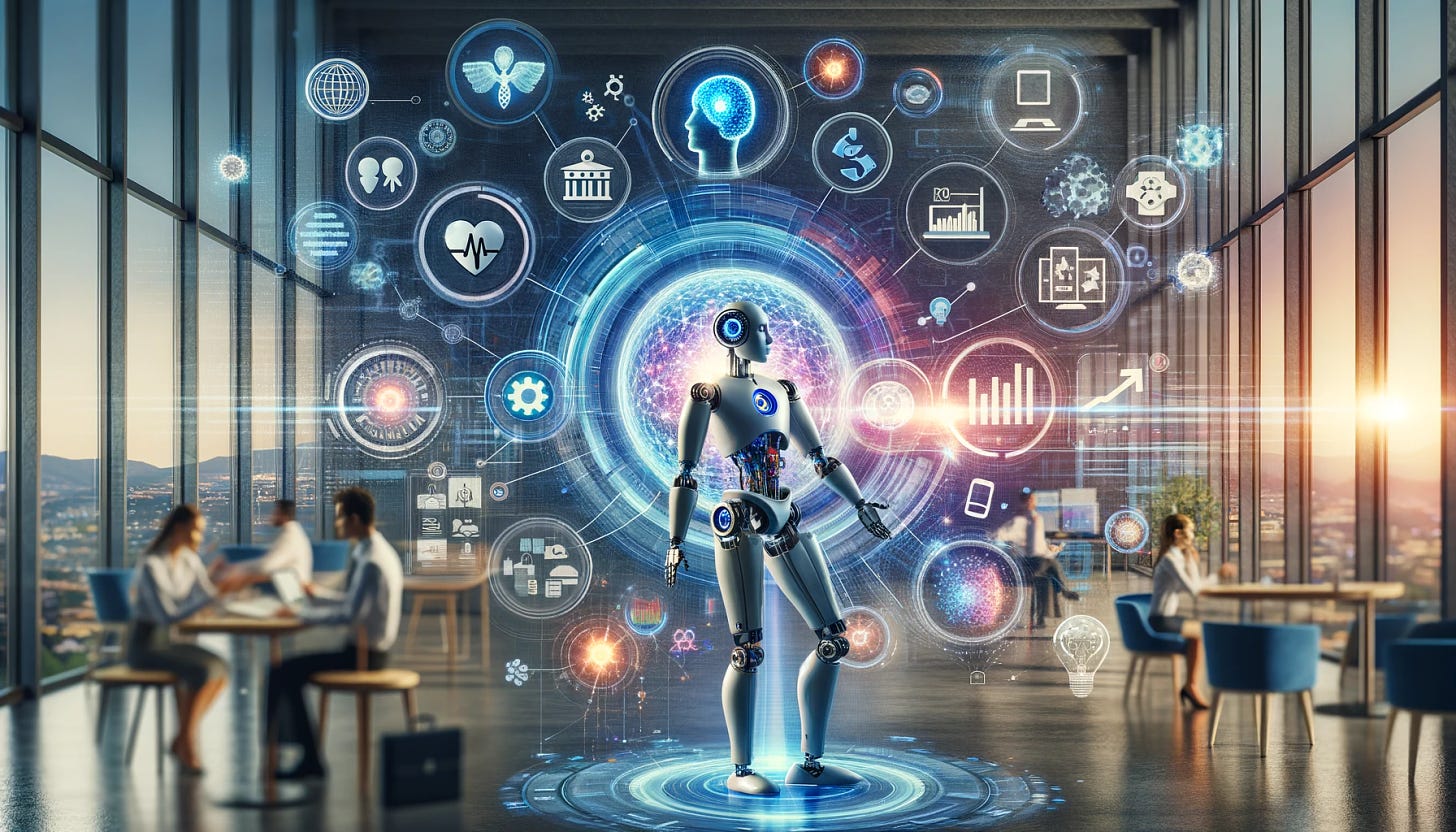 A futuristic and dynamic scene representing Artificial General Intelligence (AGI). Show a highly advanced humanoid robot interacting seamlessly with humans in a modern, high-tech environment. The background features elements of various applications such as healthcare, finance, and education, symbolized by icons like a stethoscope, stock charts, and books. The atmosphere should be collaborative and innovative, highlighting the versatility and potential of AGI across different domains. Include visual cues of neural networks and data streams to emphasize the technological foundation of AGI.