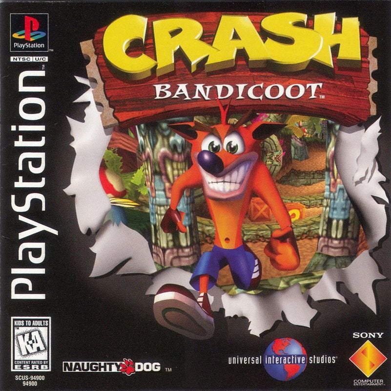 A scan of the original Playstation box art for Crash Bandicoot, featuring an unnervingly smiley Crash bursting out of the black box art to reveal the jungle world the game takes place in.