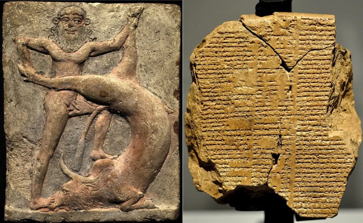 Relief sculpture of man slaying a bull at left, Gilgamesh manuscript fragments at right