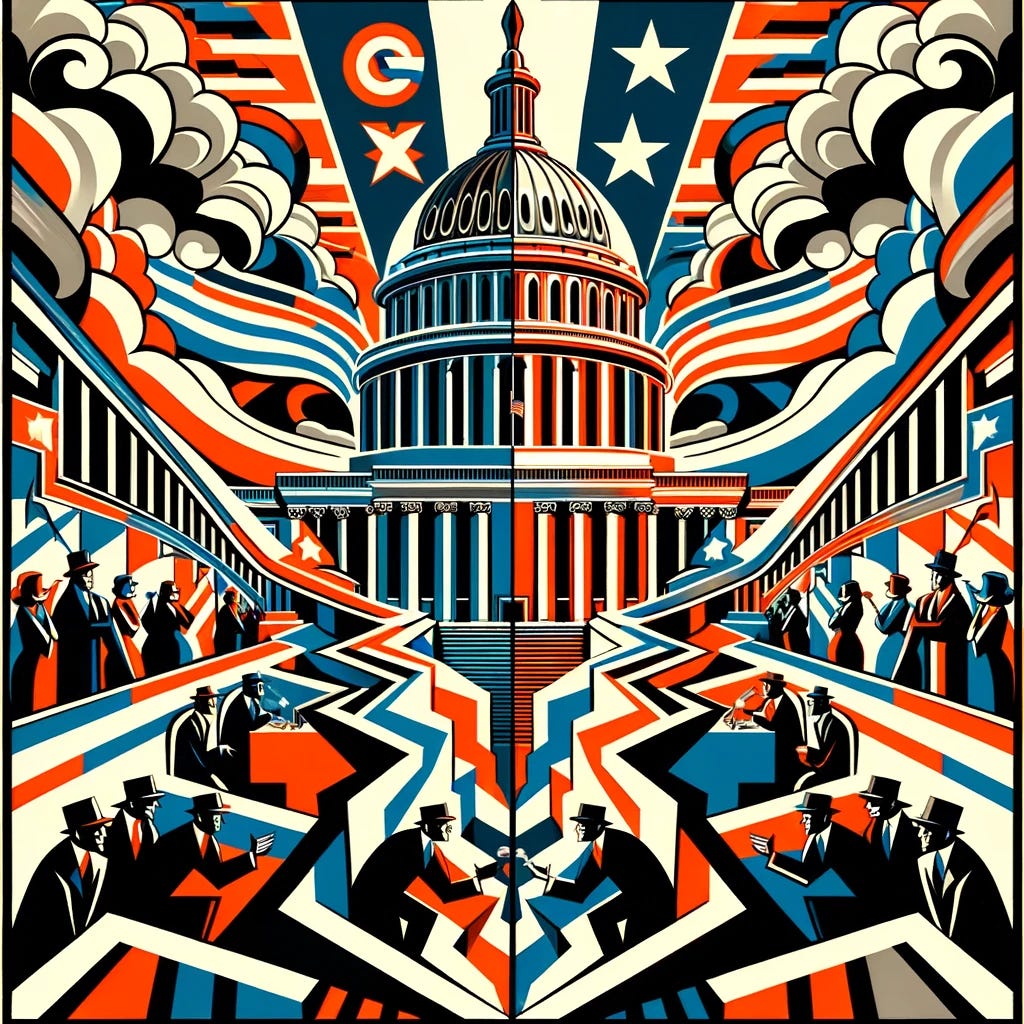 A 1930s Art Deco style illustration, resembling a comic book but without any text, focusing on the theme of partisan divisions in the United States. The artwork should prominently feature the Capitol Building to represent the political setting. The illustration should visually depict the deep divide within the Republican party, particularly between traditional conservatives and the ultra-conservative Freedom Caucus, using abstract, stylized elements and dramatic representations. The design must be dynamic, incorporating bold lines and exaggerated features typical of Art Deco, emphasizing the concept of internal political turmoil and division exclusively through visuals.