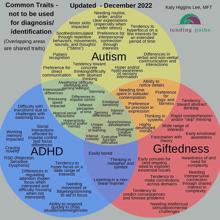 Image description: Image is of a Venn diagram with three overlapping circles. One circle represents traits of ADHD, one circle represents Autism, and one circle represents Giftedness. The overlapping areas represent the traits that are shared between two neurotypes and three neurotypes. Above the diagram, text reads: Updated - December 2022 Text Common traits - not to be used for diagnosis/identification, overlapping areas are shared traits, Katy Higgins Lee MFT, along with the purple and green tending paths logo. Traits of Autism: Needing routine, order, and/or clear expectations (especially when under stress), Motor skills impacted, Soothed/stimulated through repetitive behaviors, movements, sounds, and thoughts (“Stims”), Preference for interpersonal connection through interests, Tendency to hyperfocus on a few interests for an extended period of time, Pattern recognition, Preference for direct communication, Tendency toward concrete thinking/difficulty with abstract thinking, Differences in verbal and non-verbal communication and interactions, Hyper and/or hypo-awareness of sensory information Traits of ADHD: Difficulty with transitions due to challenges with switching focus, Social interactions affected by impulse control and focus differences, Working memory impacted, Craving novelty, Differences in regulating attention (hyper-focus when interested and difficulty focusing when not interested), Tendency to hyper-focus on a wide range of interests, Needing movement or fidgeting/stimming to aid in focus, Ability to respond quickly in crisis situations/emergencies, RSD (Rejection Sensitive Dysphoria) Traits of Giftedness: Tendency toward abstract thinking, Rapid comprehension and/or “skip” thinking, Wide range of interests, Early emotional awareness, Fascination with theory, Early concern for (and ongoing need to explore) existential issues, Awareness of and need for complexity, Tendency to make connections across domains, Tendency to predict consequences and foresee problems, Needing intellectual stimulation/mental challenges Traits shared by Autism, ADHD, and Giftedness: Emotional sensitivity, Sensory differences, Interest-driven, Asynchronous development, Unique ways of learning, Intense curiosity, Executive function difficulties, Divergent/creative thinking Traits shared by Autism and ADHD: Stimming, Interoception differences, Differences in impulse control, Processing speed impacted, Different perception of time, Atypical social interactions, Hyperactivity (physical and/or mental), Alexithymia (difficulty identifying and naming feelings), Traits shared by ADHD and Giftedness: Easily bored, Thinking in metaphor and symbol, Learning in a non-linear manner Traits shared by Autism and Giftedness: Ability to notice details, Needing time spent in solitude/contemplation, Preference for logic and fairness, Preference for precision in expression, Thinking in systems, Highly developed morals