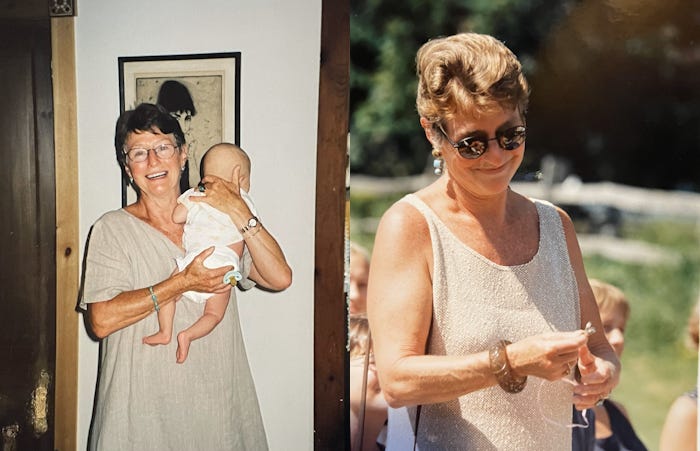 Two images of the same middle-aged woman. On the left, she is holding a baby to her shoulder and a pacifier indoors with a portrait of a woman mostly obscured behind her. On the right she is outdoors wearing sunglasses and standing looking at her hands holding rings on a ribbon.