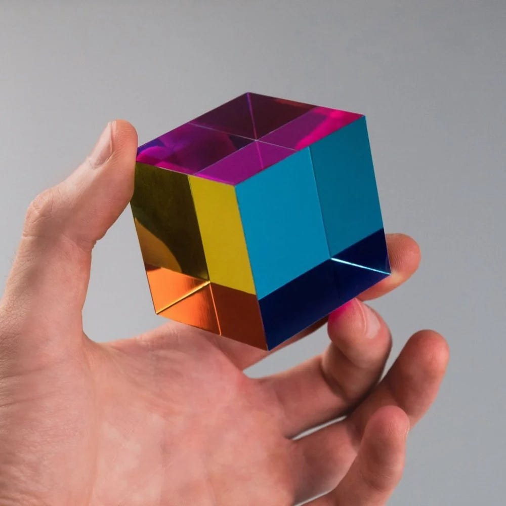 A man's hand holding a CMYCube