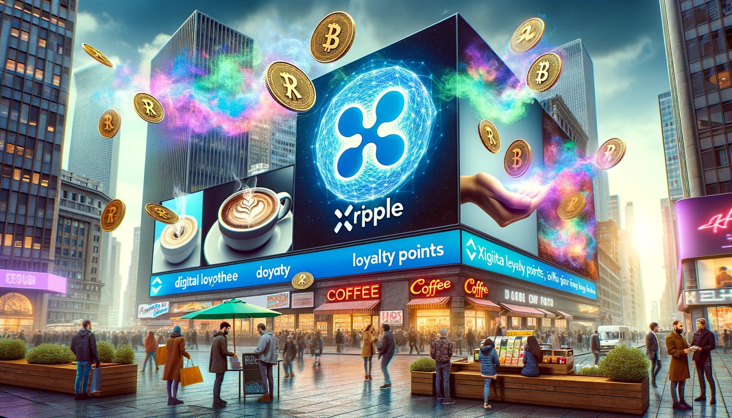 Photo of a bustling city square with digital billboards. On the largest billboard, Ripple's logo gleams alongside an XRP token. Below, people are seen purchasing coffee, and as they do, digital loyalty points in the form of XRP tokens float above their heads, merging into a vibrant digital cloud.
